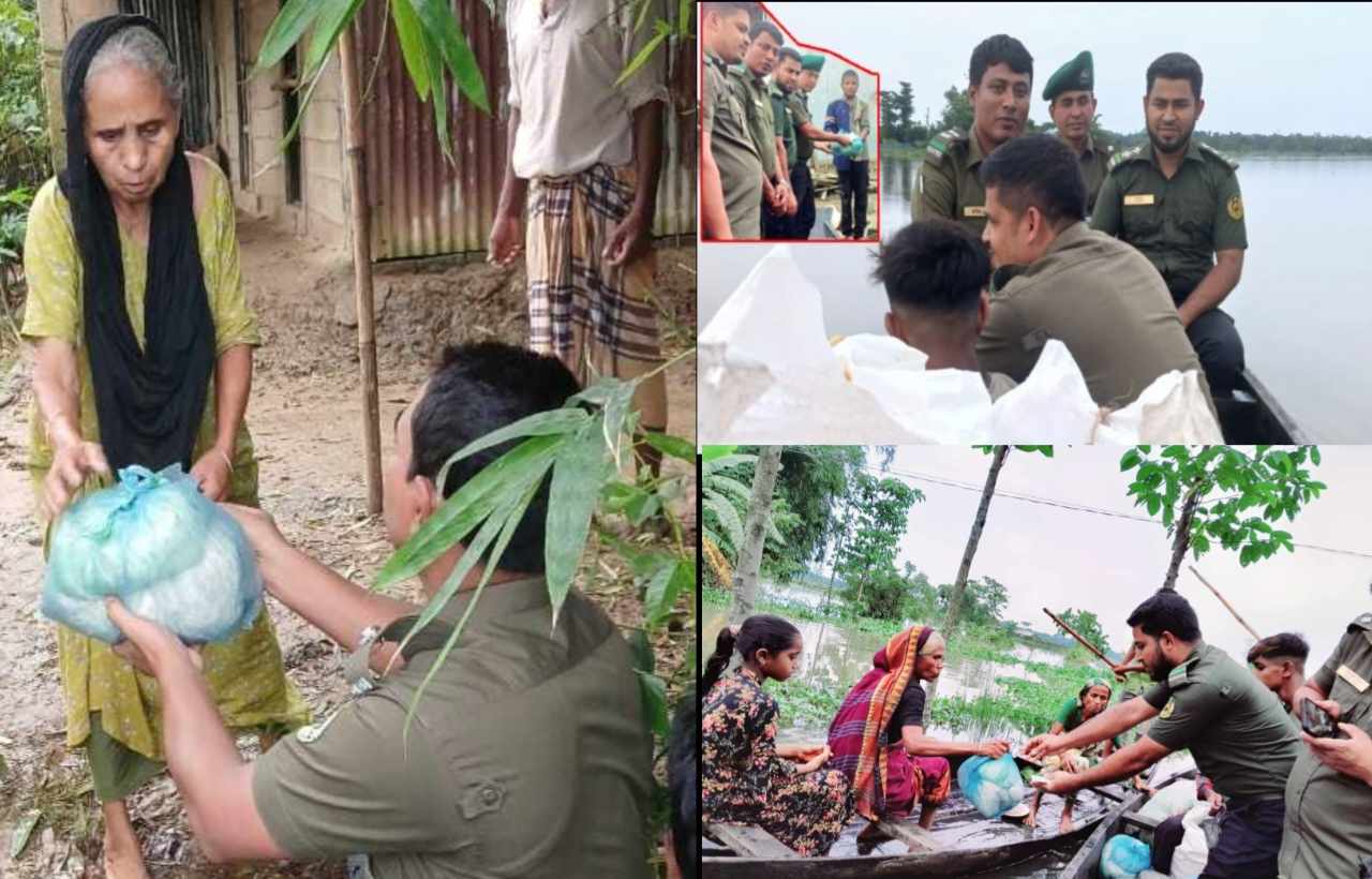 আবারো বিশ্বনাথ উপজেলা আনসার ও ভিডিপির কর্তৃক বন্যার্তদের মধ্যে শুকনো খাবার বিতরন